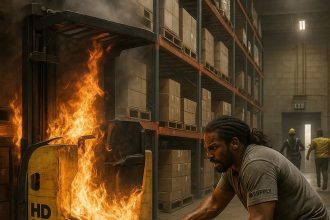 HD Supply warehouse worker Quinton J. Hall using a fire extinguisher to battle flames engulfing an HD Supply forklift inside a crowded warehouse aisle, illustrating an alleged HD Supply forklift fire and unsafe warehouse conditions central to his federal lawsuit.